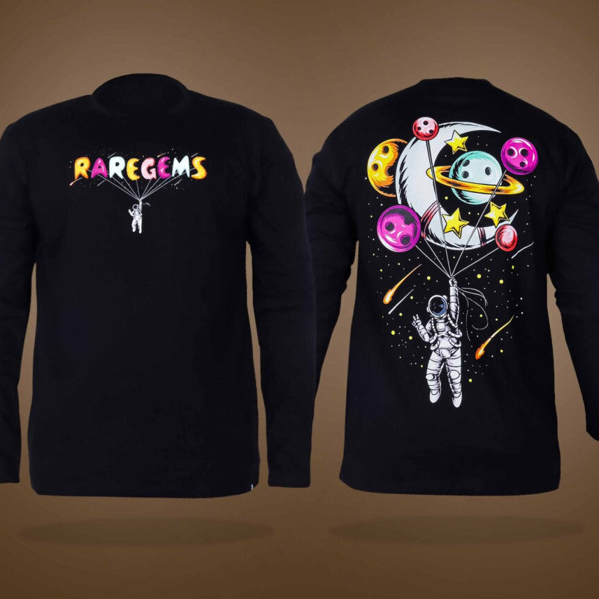 Black Round Neck Full Sleeves Astronaut Hanging On The Moon Printed T-Shirt
