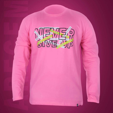 Pink Round Neck Full Sleeves Never Give Up Printed T-Shirt