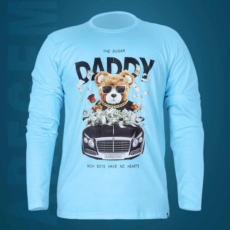 Blue Round Neck Full Sleeves Sugar Daddy Teddy Printed T-Shirt
