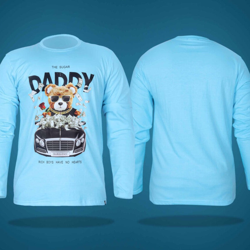 Blue Round Neck Full Sleeves Sugar Daddy Teddy Printed T-Shirt