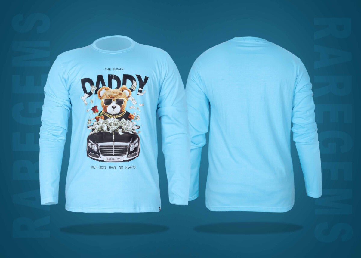 Blue Round Neck Full Sleeves Sugar Daddy Teddy Printed T-Shirt