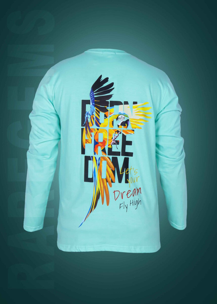 Mint Green Round Neck Full Sleeves Freedom And Macaw Bird Printed T-Shirt