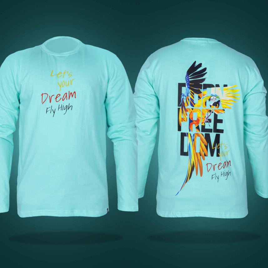 Mint Green Round Neck Full Sleeves Freedom And Macaw Bird Printed T-Shirt