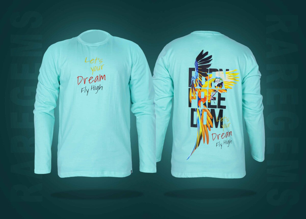 Mint Green Round Neck Full Sleeves Freedom And Macaw Bird Printed T-Shirt