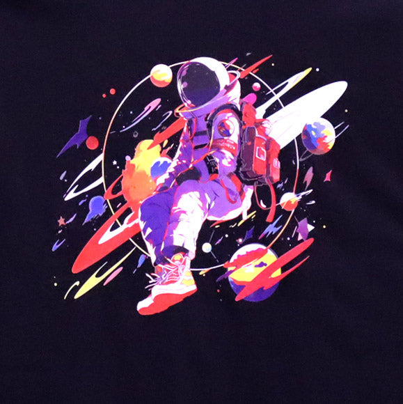 Black Half Sleeve Round Neck Astronaut Colorful Painting Printed Regular T-Shirt