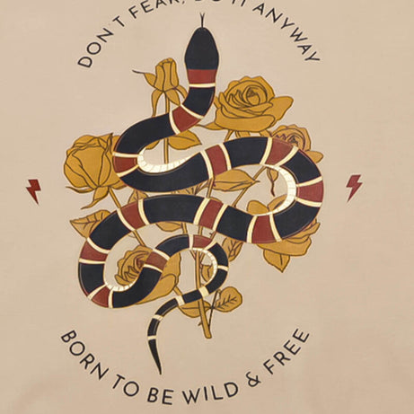Beige Round Neck Snake With Roses Printed Sweatshirt
