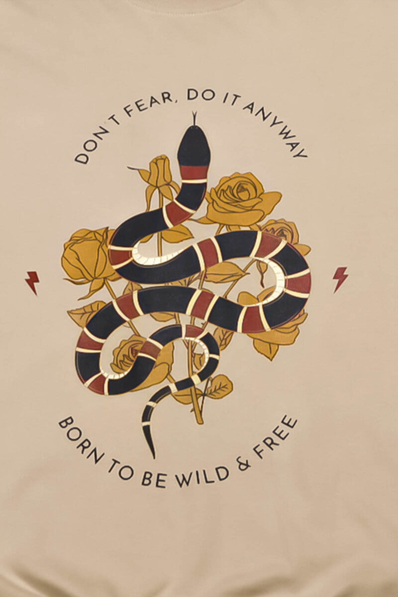 Beige Round Neck Snake With Roses Printed Sweatshirt