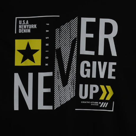 Black Half Sleeves Round Neck Never Give Up Printed Regular T-Shirt