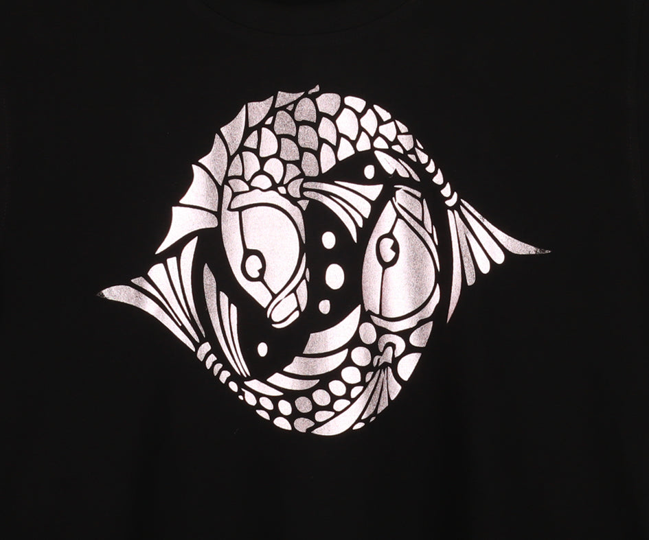 Black Half Sleeve Rose Gold Pair Of Fish Printed Women's Regular Crop Top