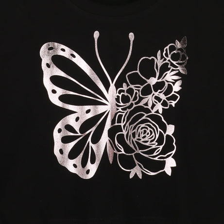 Black Half Sleeve Rose Gold Floral Butterfly Printed Women's Regular Crop Top