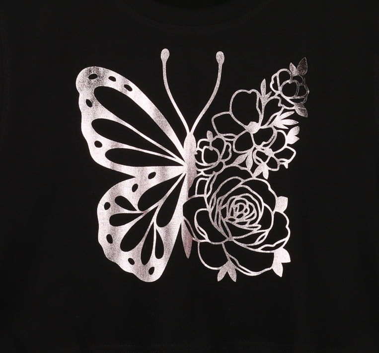 Black Half Sleeve Rose Gold Floral Butterfly Printed Women's Regular Crop Top