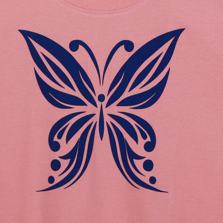 Peach Half Sleeve Blue Velvet Butterfly Printed Women's Regular Crop Top