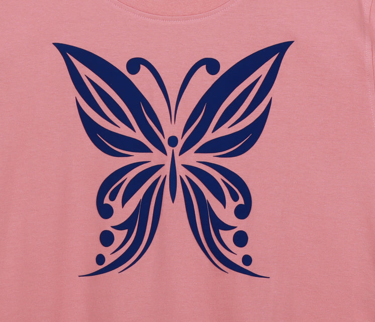 Peach Half Sleeve Blue Velvet Butterfly Printed Women's Regular Crop Top