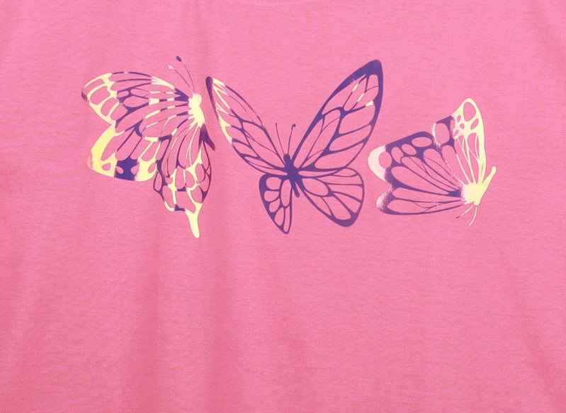 Pink Half Sleeve Rainbow Butterfly Printed Women's Regular Crop Top
