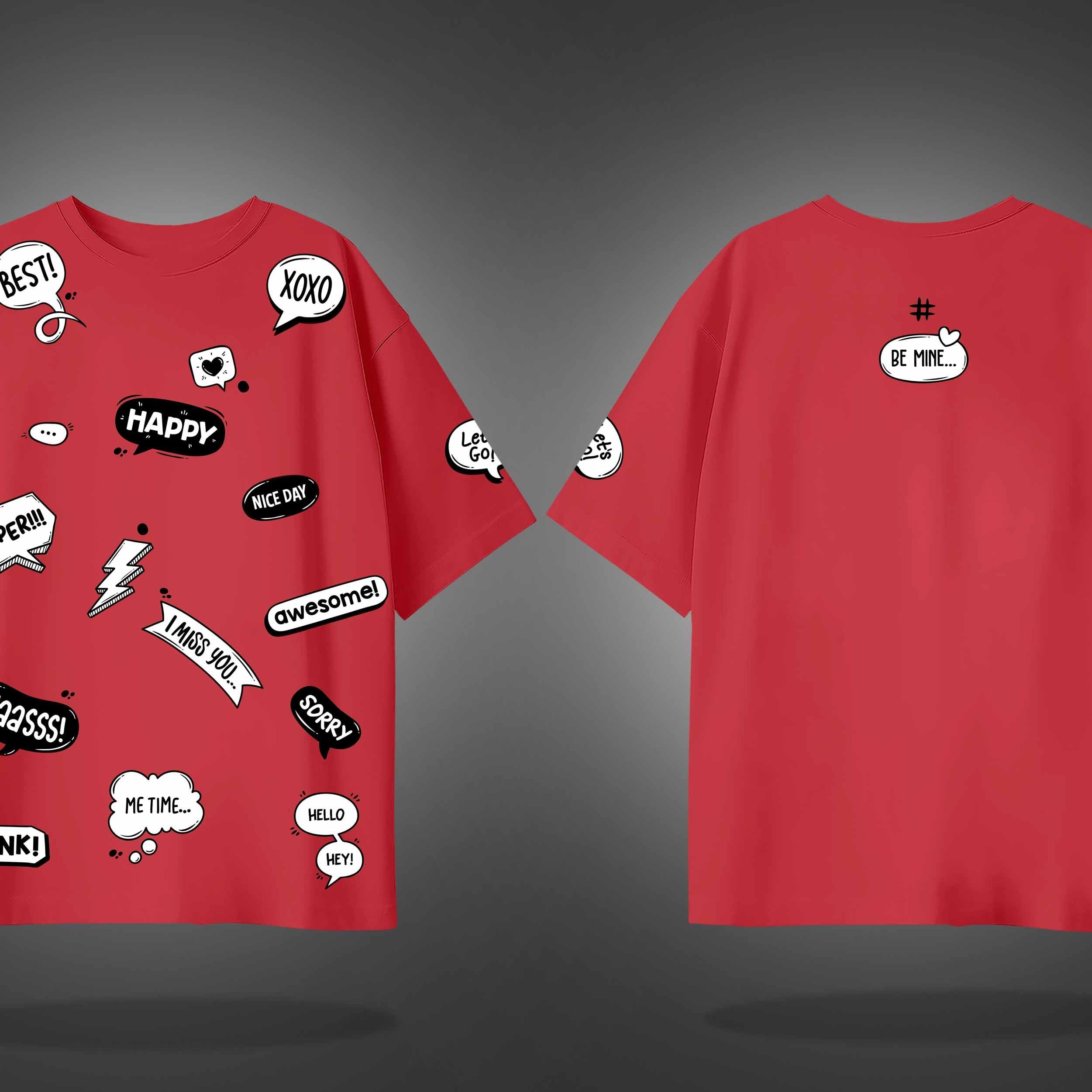 Imperial Red Half Sleeves Social Media Slangs Printed Oversized T-Shirt