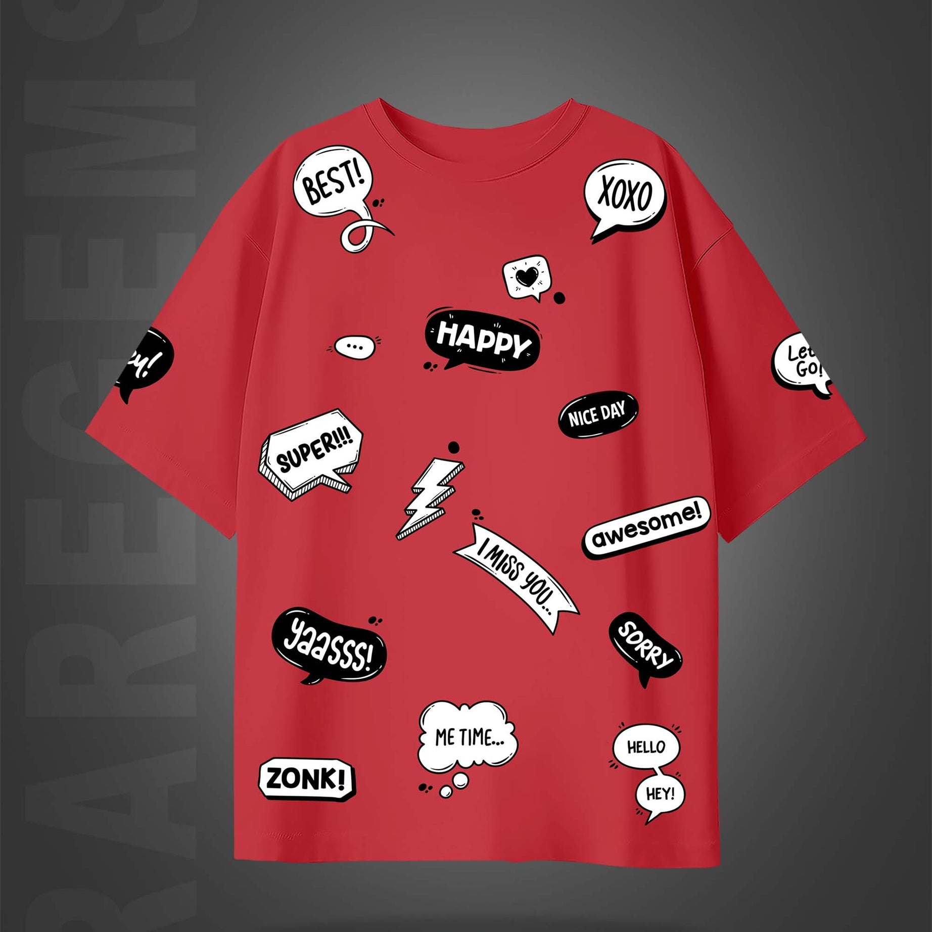 Imperial Red Half Sleeves Social Media Slangs Printed Oversized T-Shirt