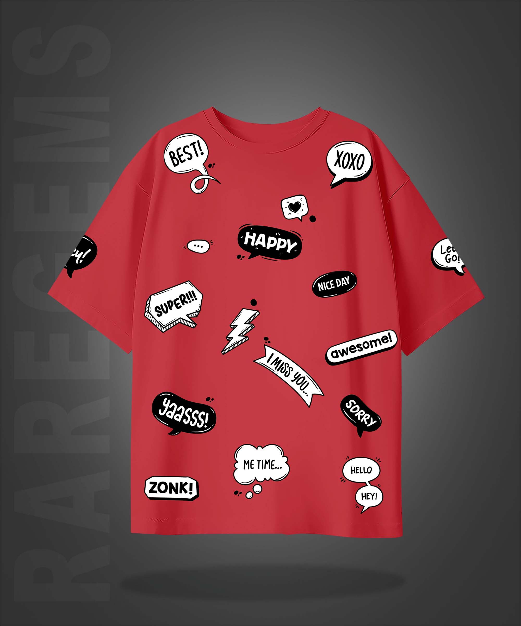 Imperial Red Half Sleeves Social Media Slangs Printed Oversized T-Shirt