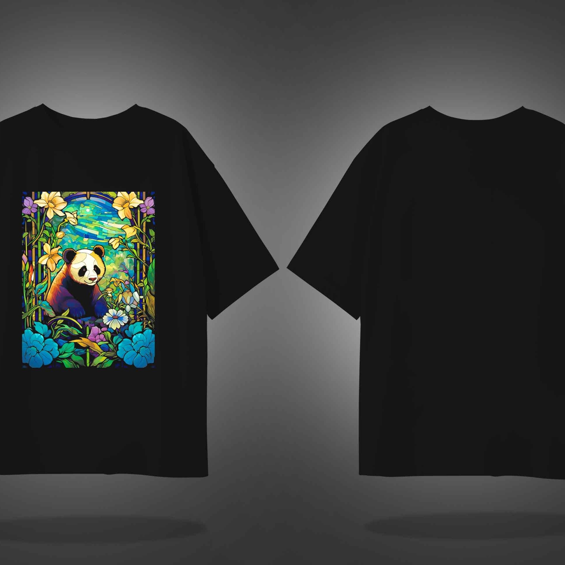 Black Half Sleeves Beautiful Panda Scenery Printed Oversized T-Shirt