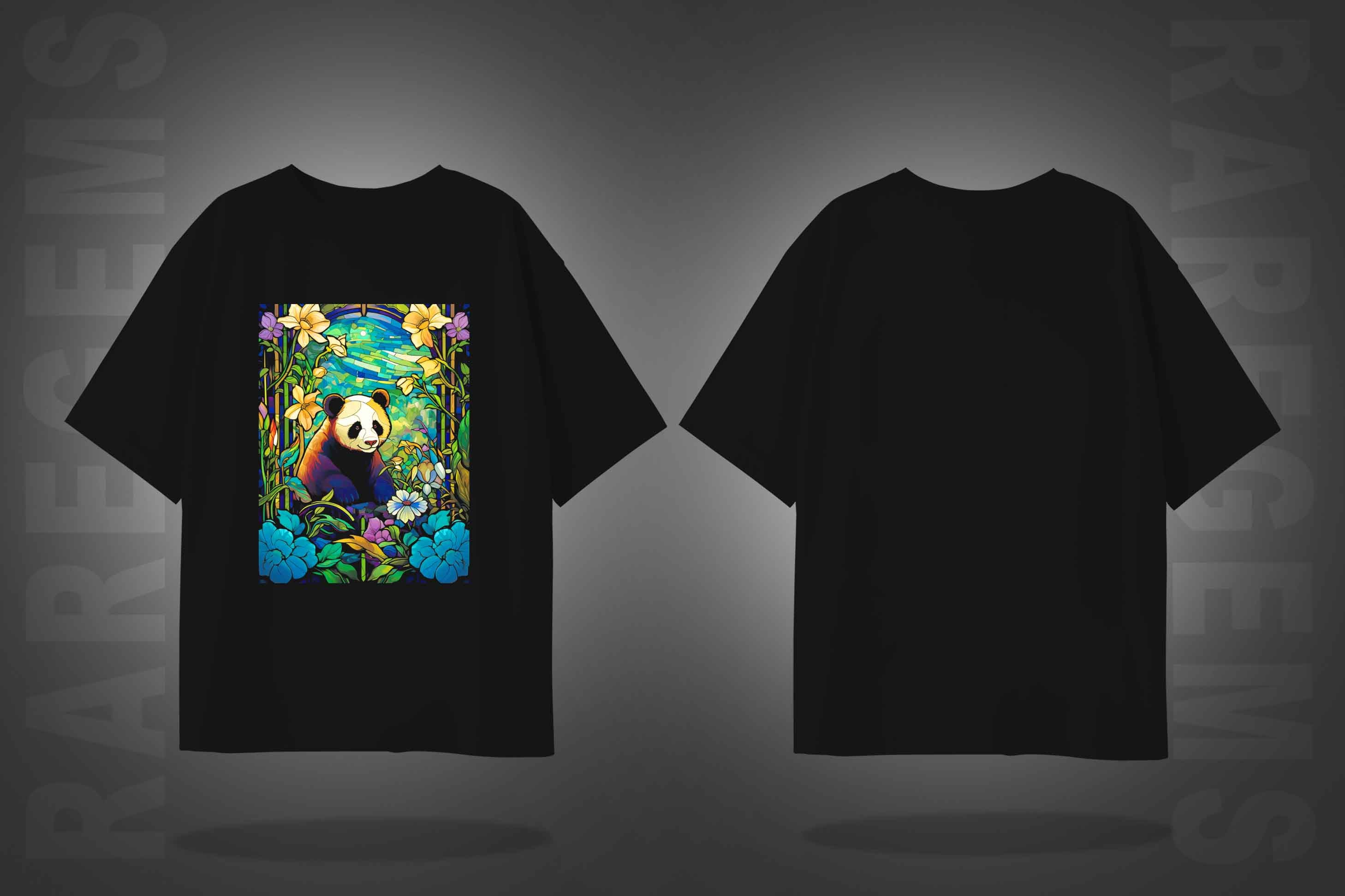 Black Half Sleeves Beautiful Panda Scenery Printed Oversized T-Shirt