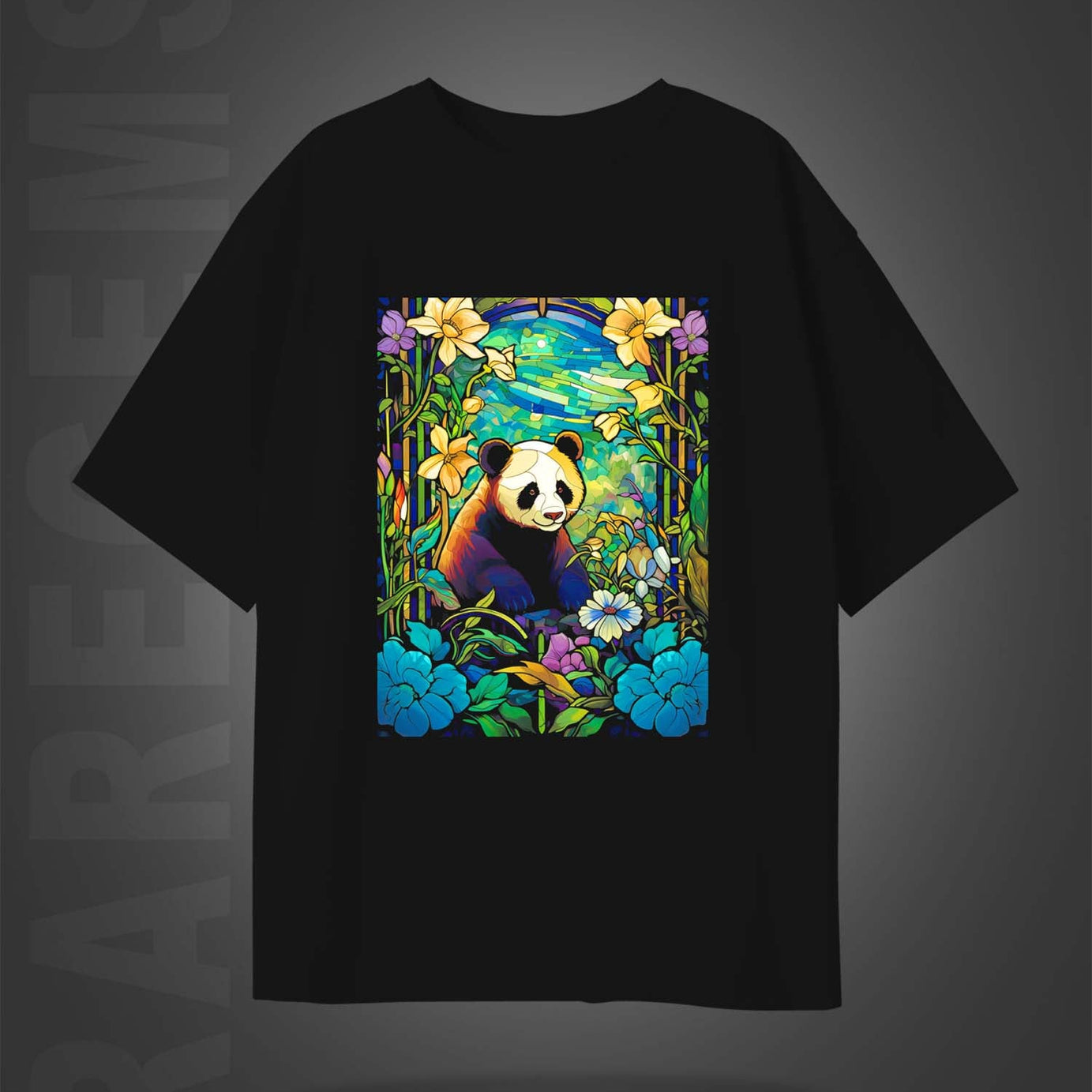 Black Half Sleeves Beautiful Panda Scenery Printed Oversized T-Shirt
