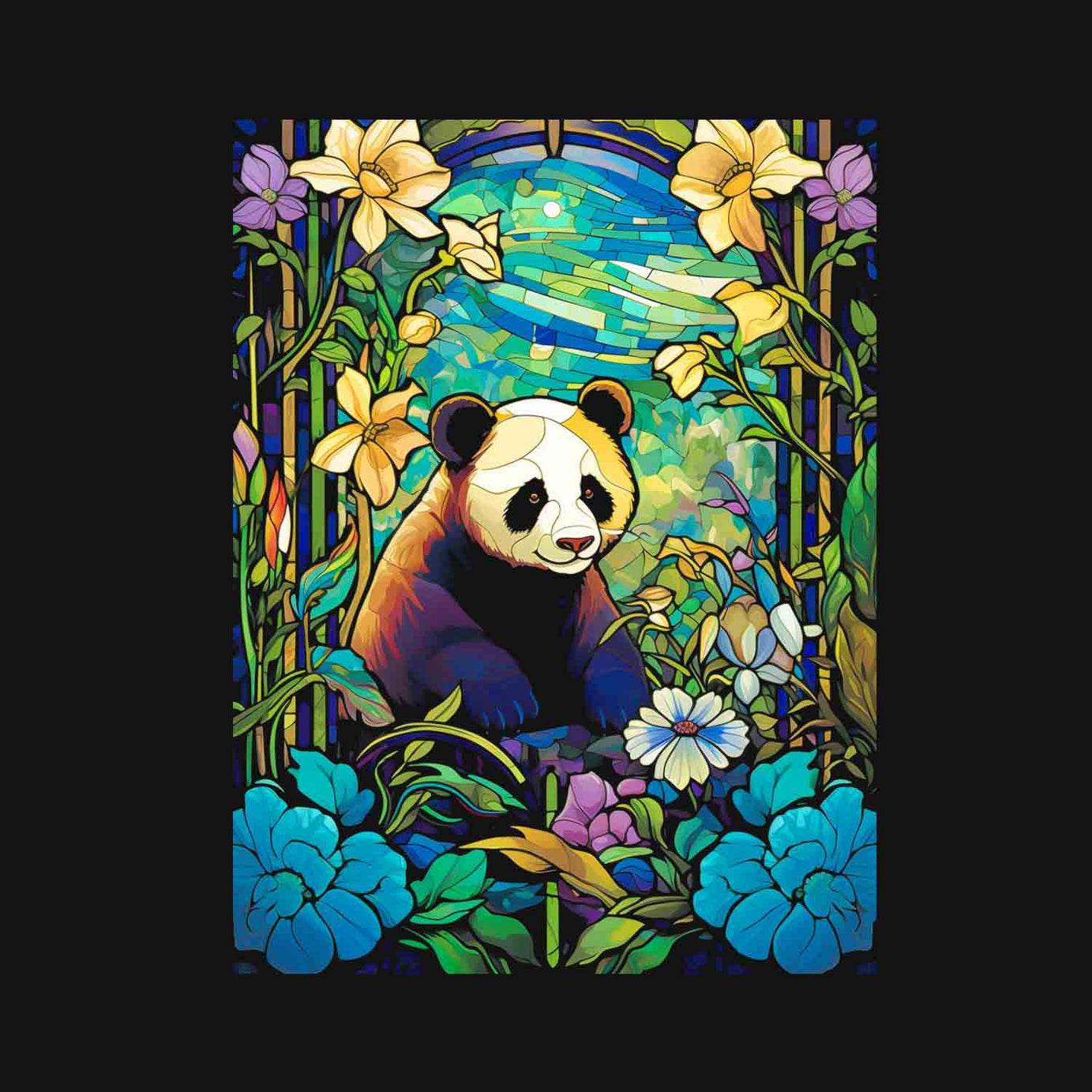 Black Half Sleeves Beautiful Panda Scenery Printed Oversized T-Shirt