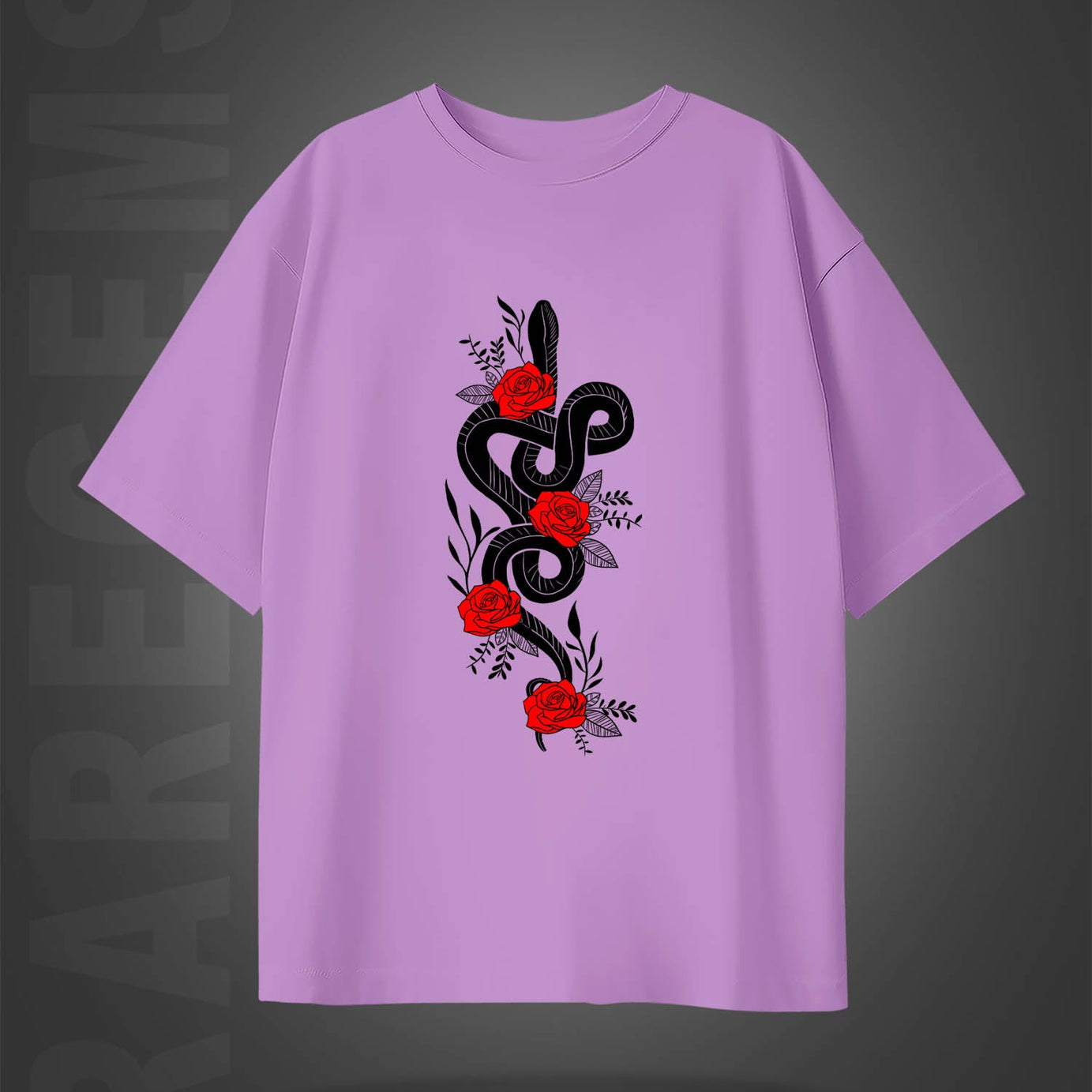 Lilac Half Sleeves Black Snake Around Roses Printed Oversized T-Shirt
