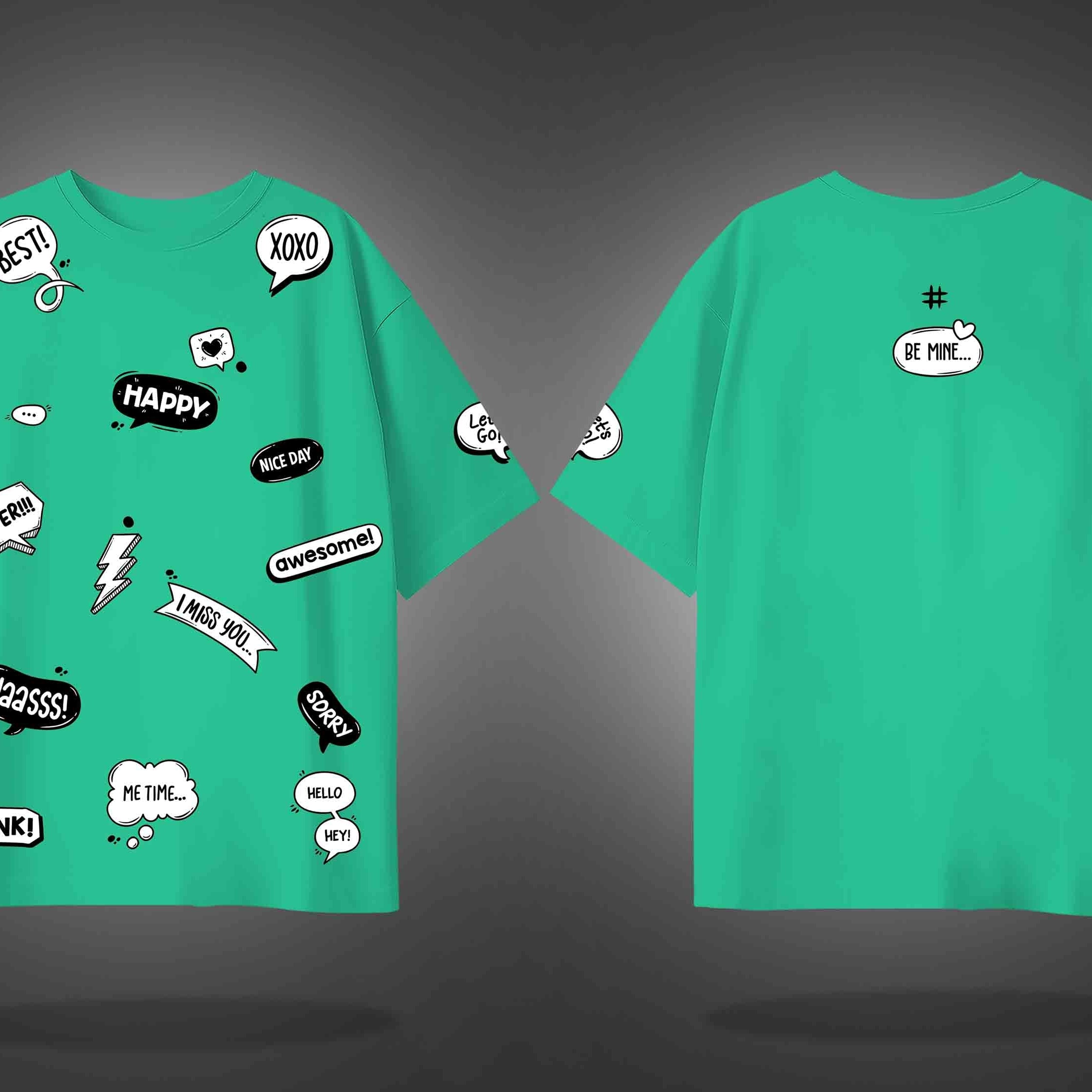 Mint Green Half Sleeve Round Neck Social Media Slangs Printed Oversized T-Shirt