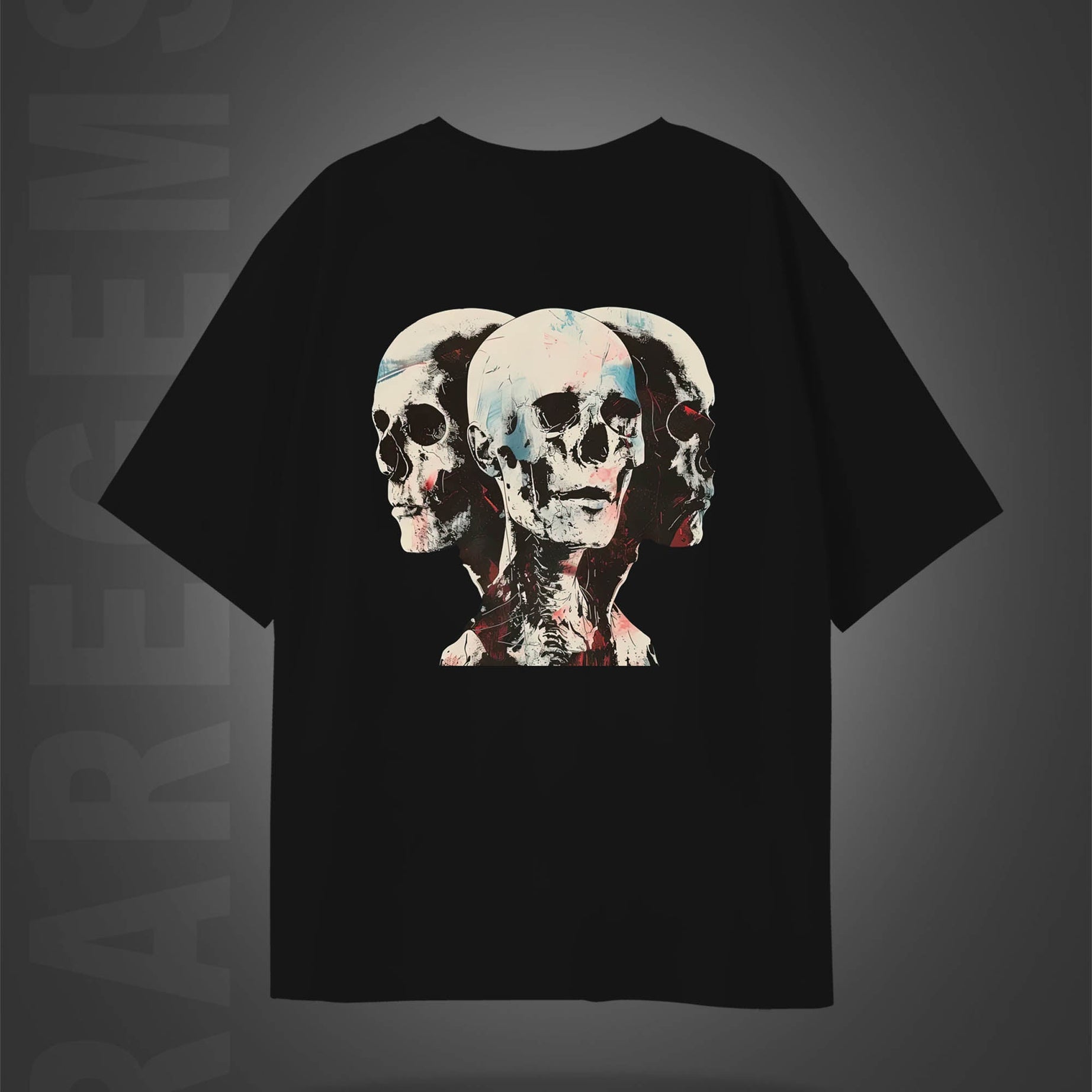 Black Half Sleeve Round Neck Skull Symmetry Printed Oversized T-Shirt