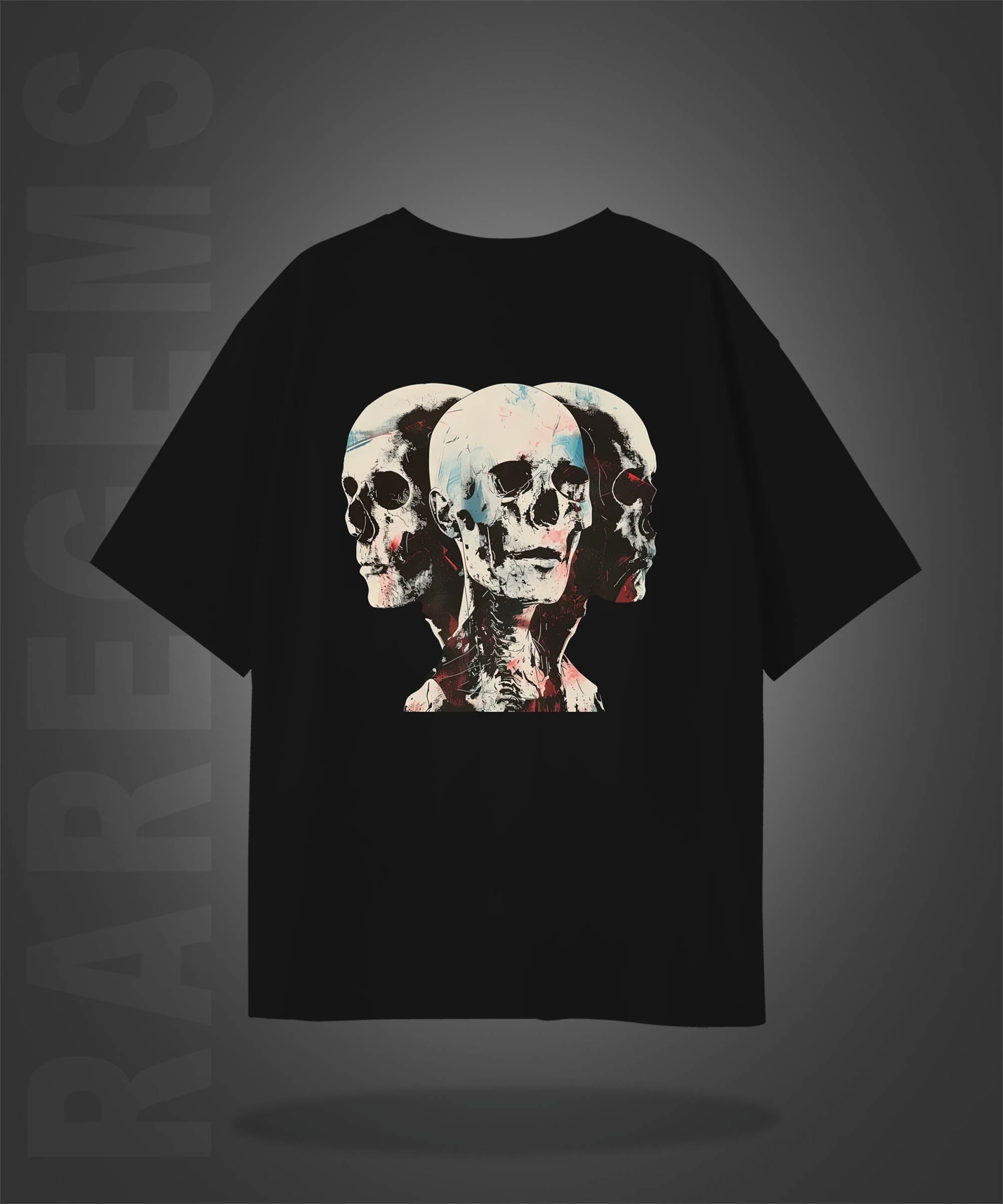 Black Half Sleeve Round Neck Skull Symmetry Printed Oversized T-Shirt