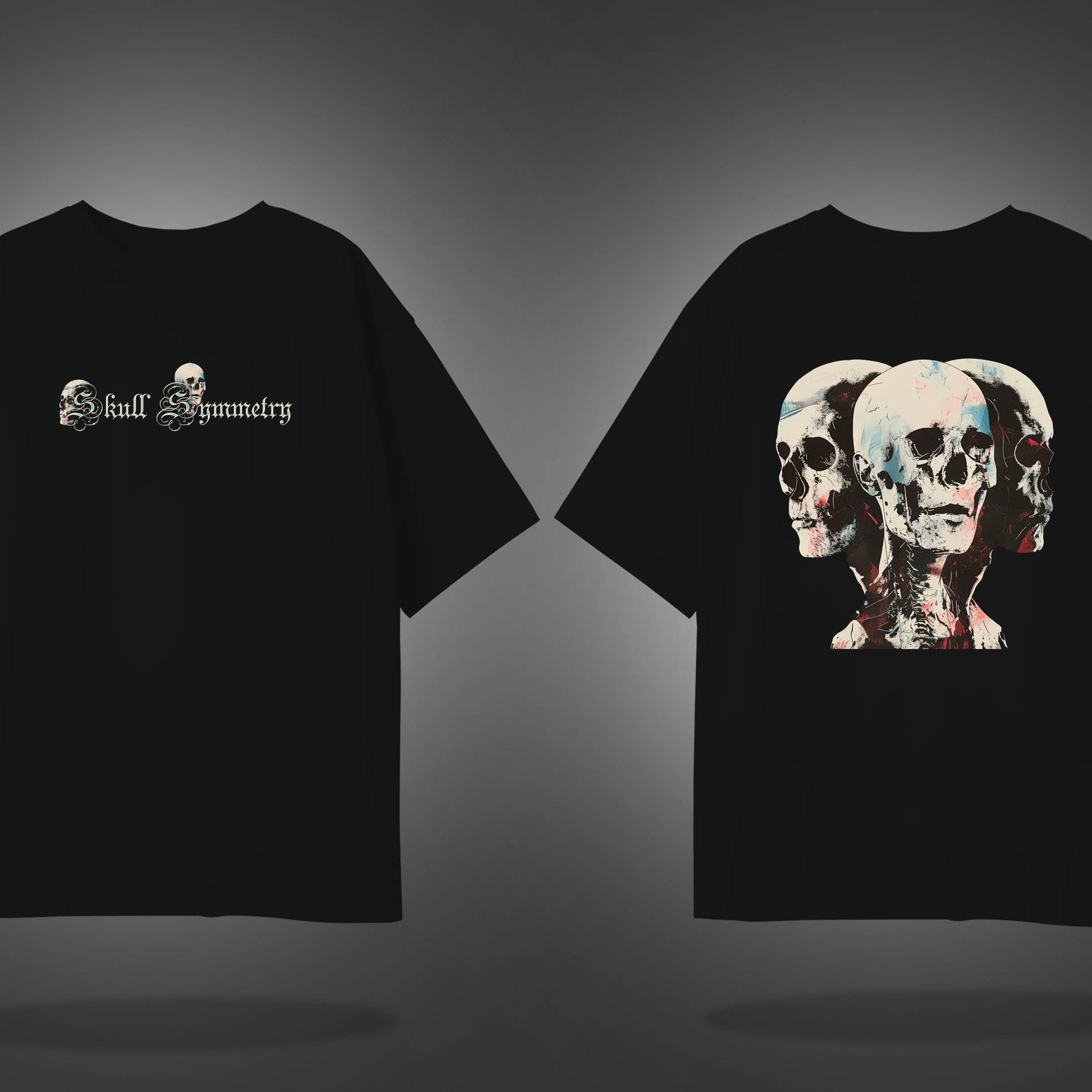 Black Half Sleeve Round Neck Skull Symmetry Printed Oversized T-Shirt