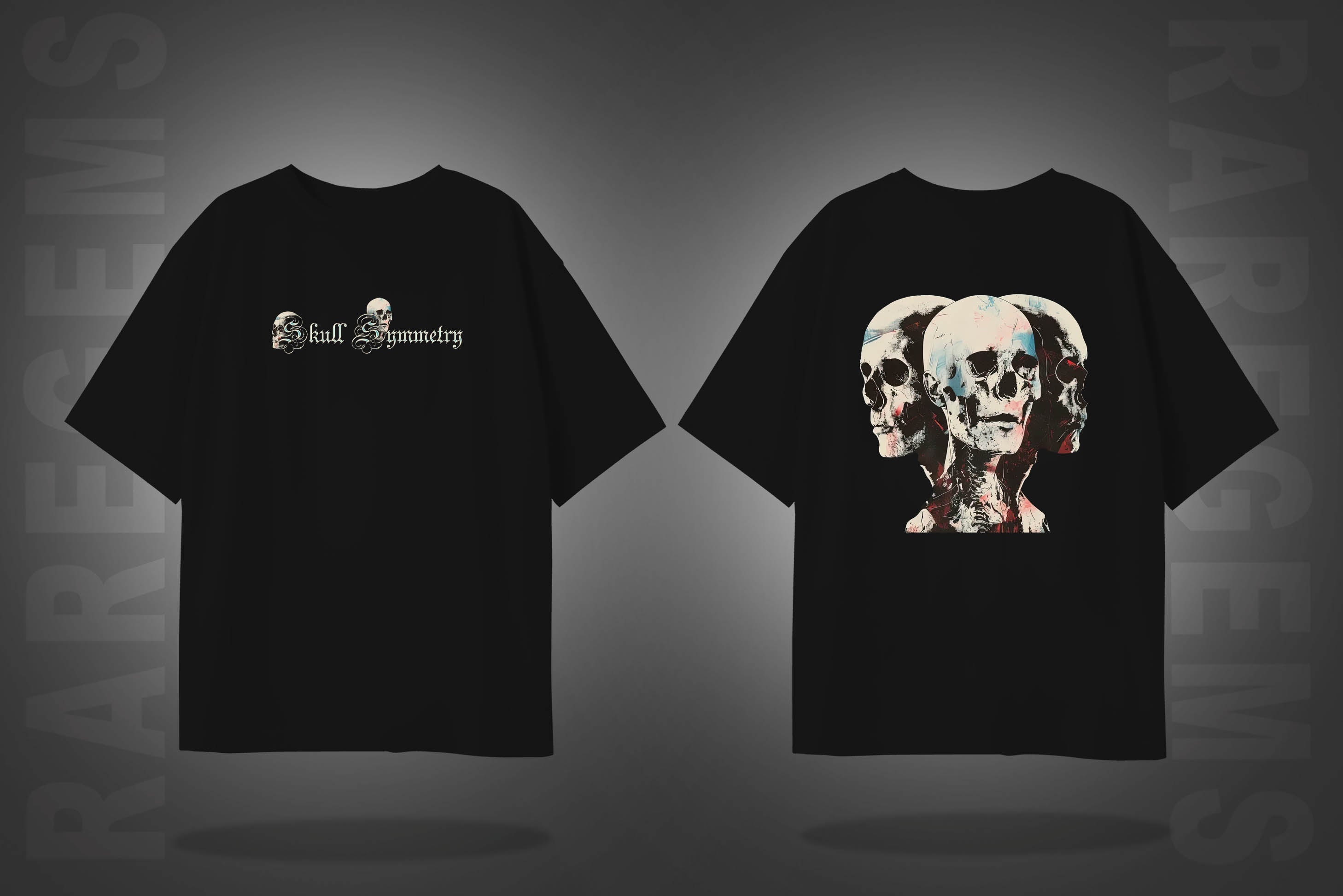 Black Half Sleeve Round Neck Skull Symmetry Printed Oversized T-Shirt