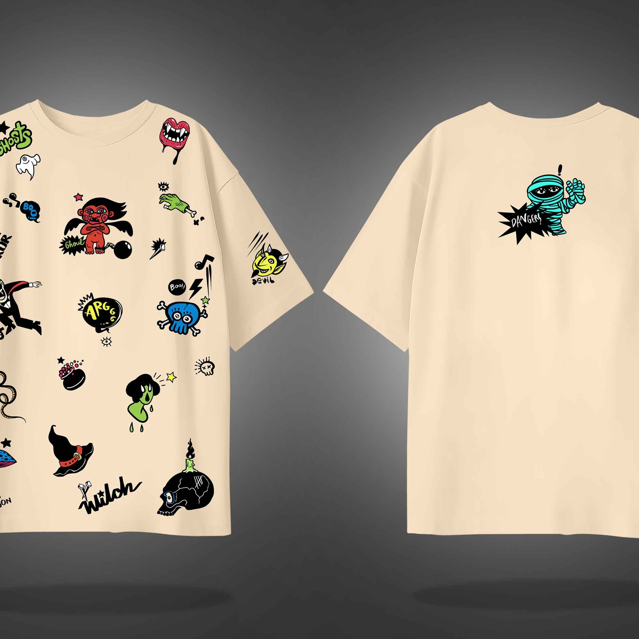 Beige Half Sleeve Round Neck Ghostly Elements Printed Oversized T-Shirt