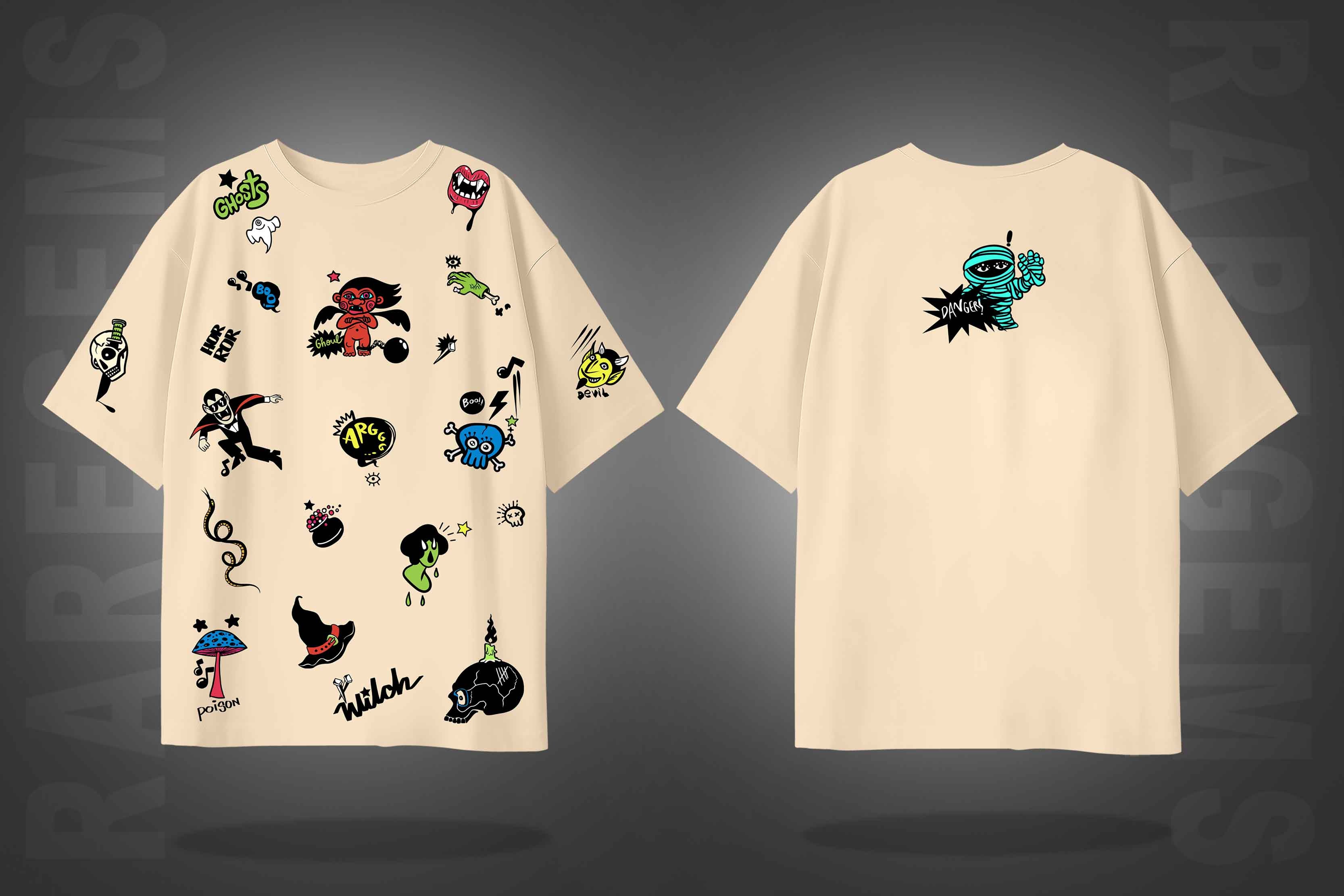 Beige Half Sleeve Round Neck Ghostly Elements Printed Oversized T-Shirt