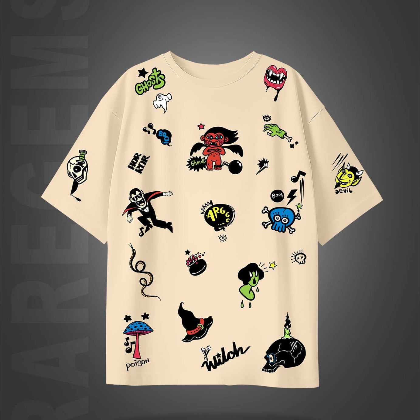 Beige Half Sleeve Round Neck Ghostly Elements Printed Oversized T-Shirt