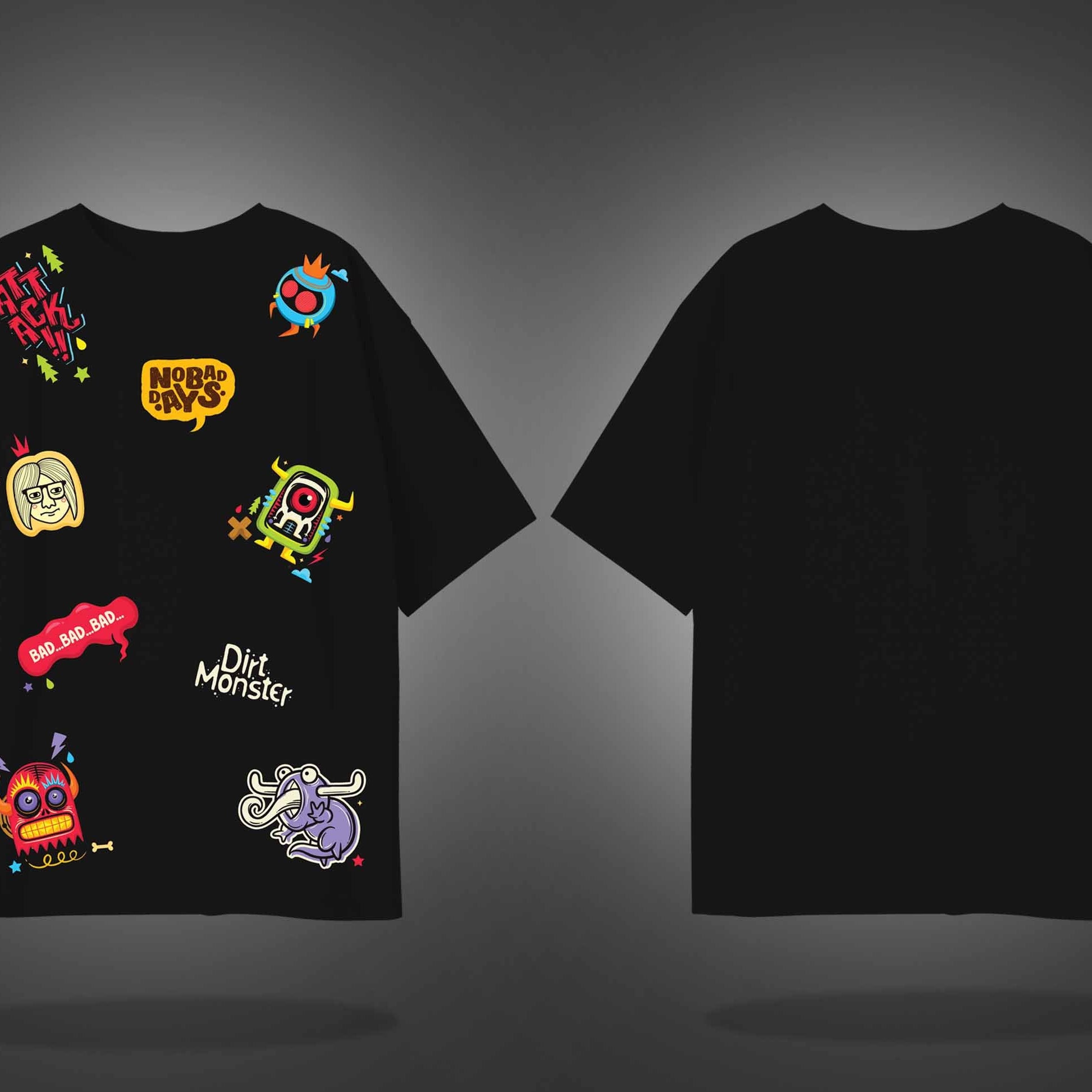 Black Half Sleeves Monster Faces No Bad Days Printed Oversized T-Shirt