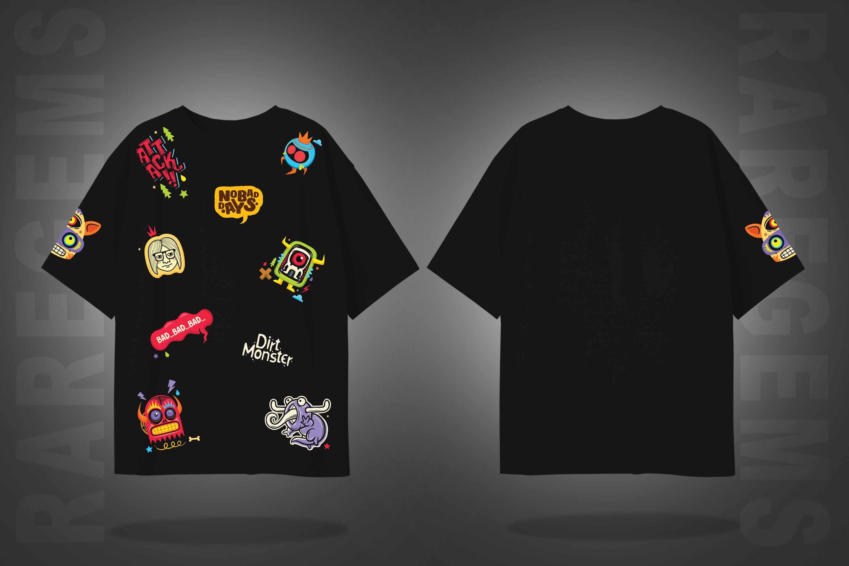 Black Half Sleeves Monster Faces No Bad Days Printed Oversized T-Shirt