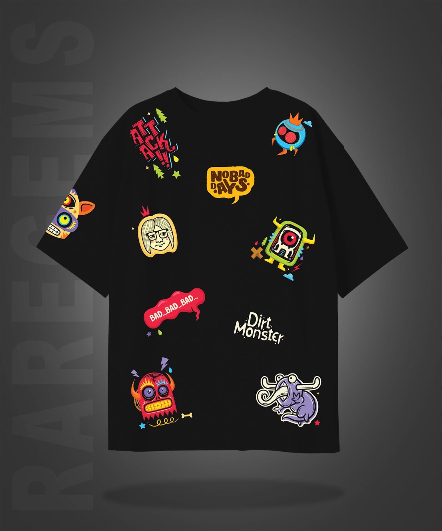 Black Half Sleeves Monster Faces No Bad Days Printed Oversized T-Shirt