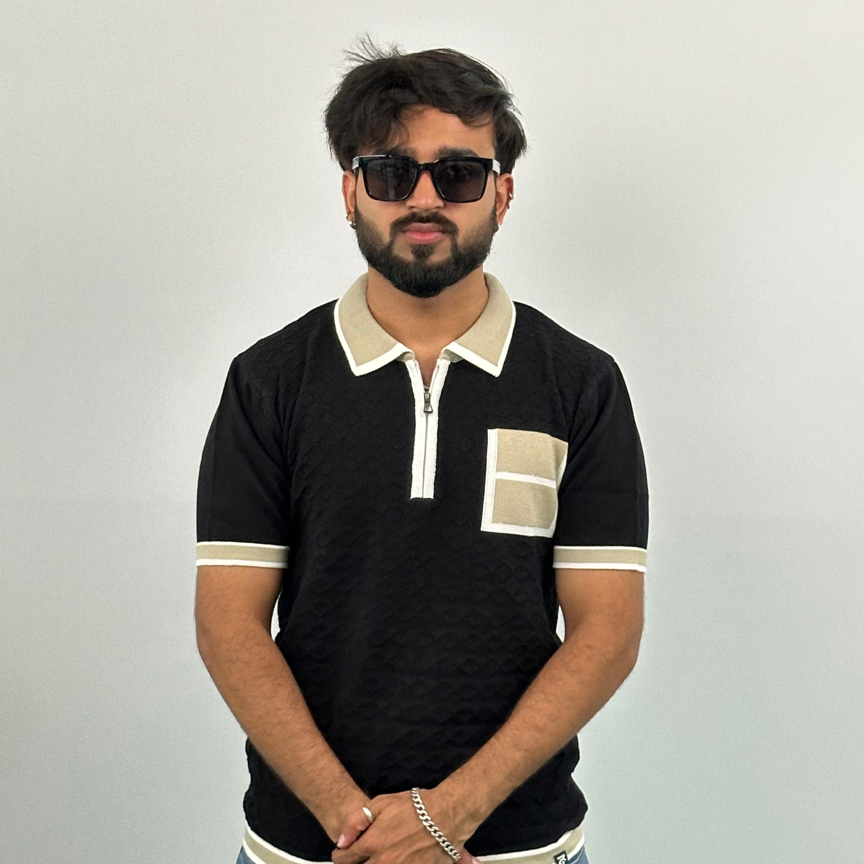 Black And Beige Knitted Polo T-Shirt