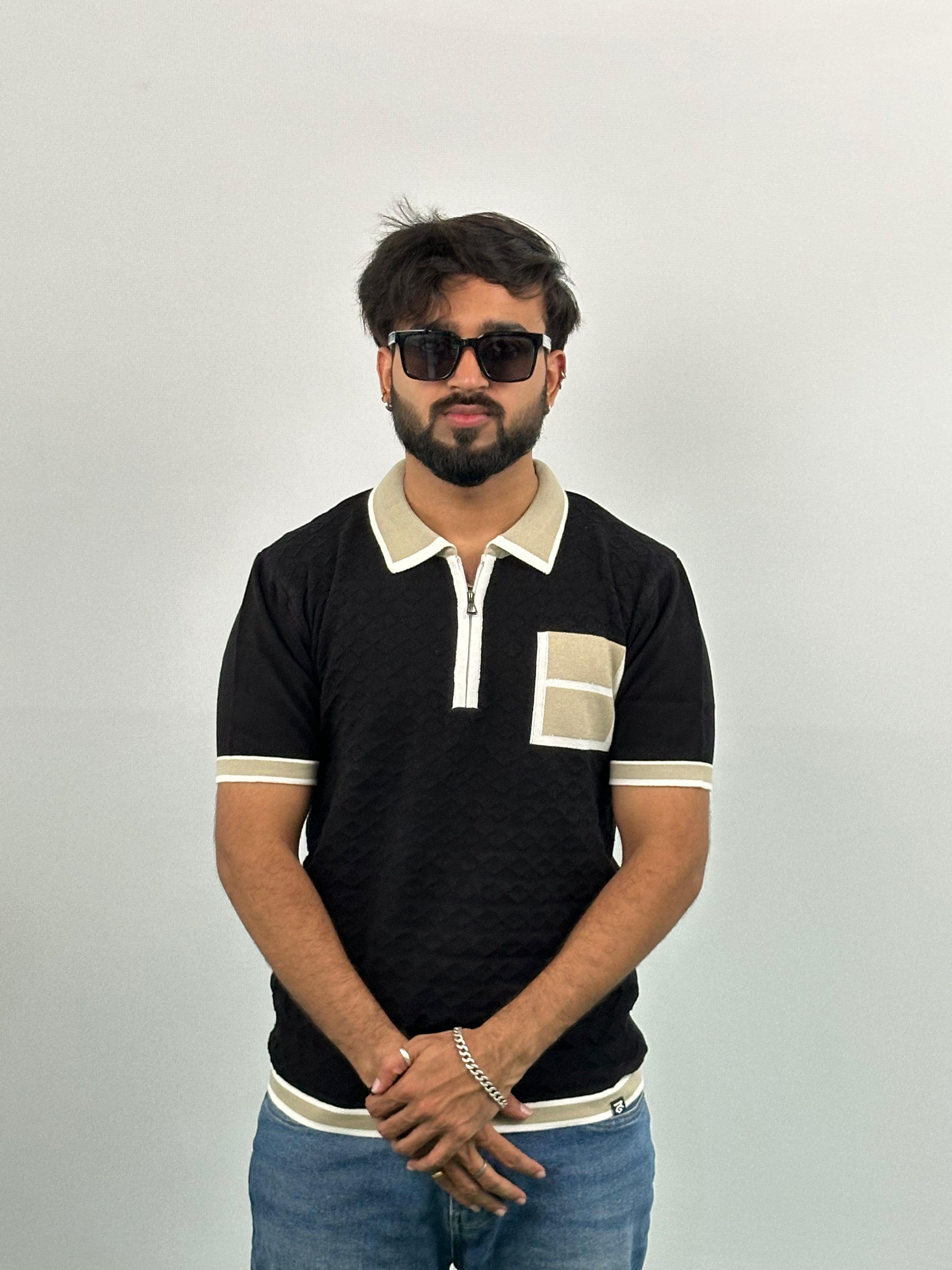Black And Beige Knitted Polo T-Shirt