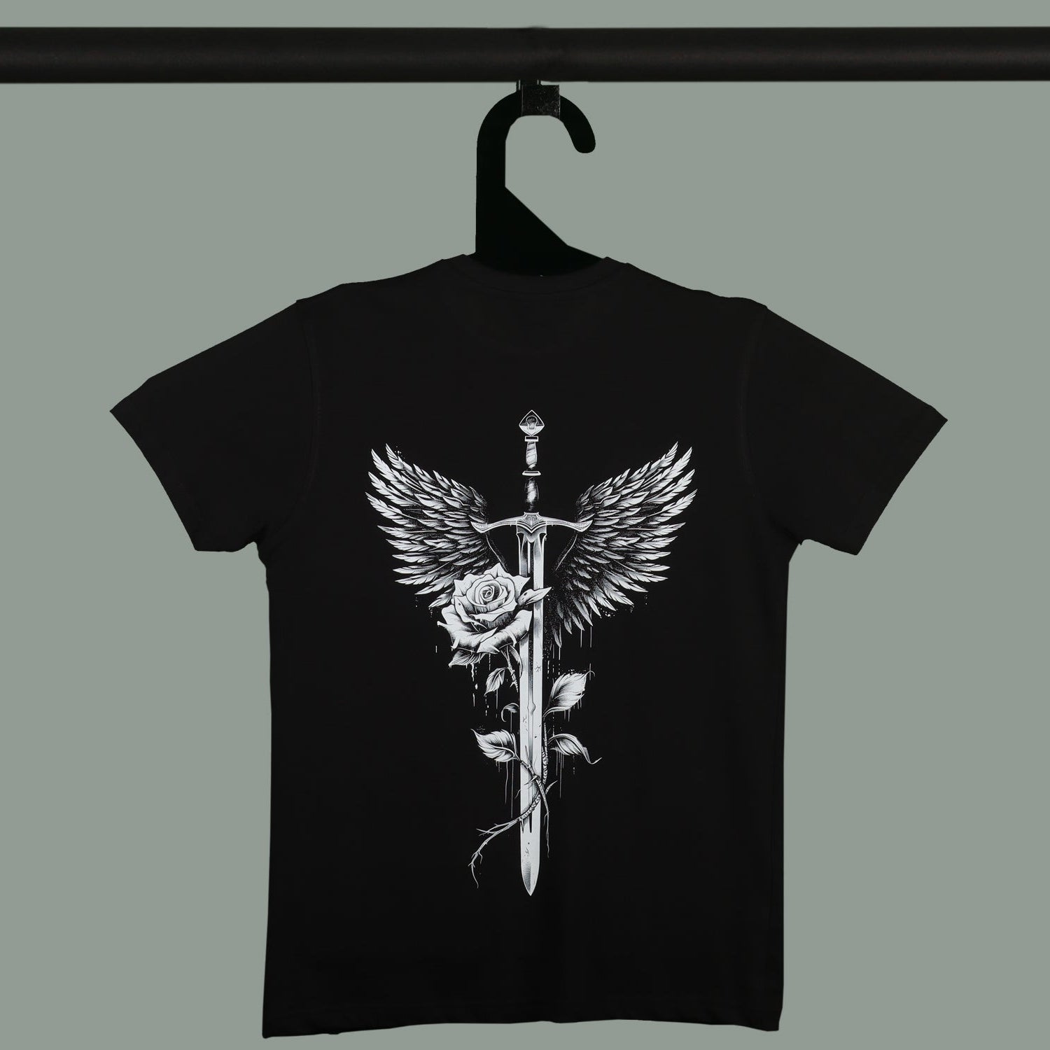 Black Round Neck Half Sleeve Sword With White Rose Back Printed Regular T-Shirt