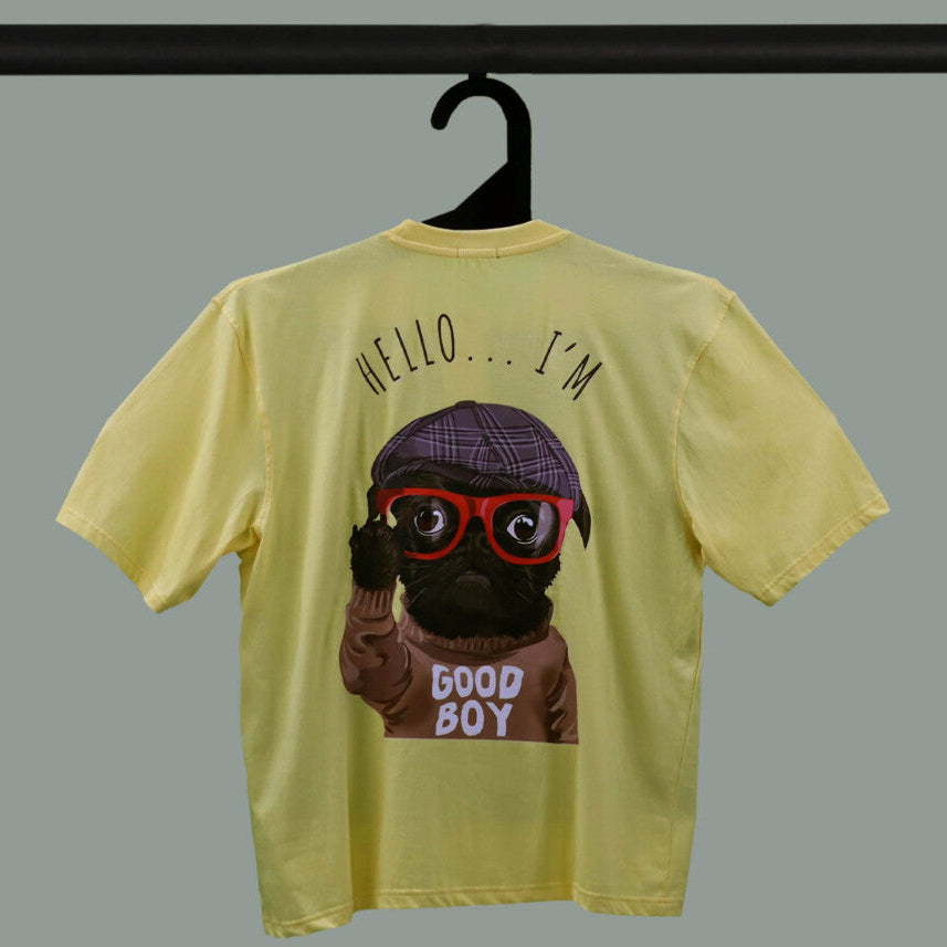 Yellow Half Sleeves Dog With Hat And Glasses Printed Oversized T-Shirt