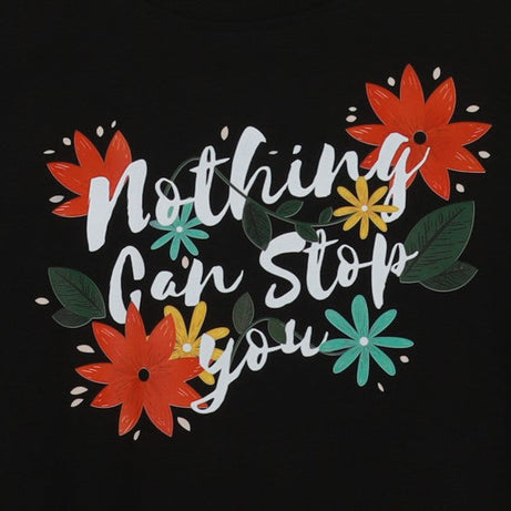 Black Half Sleeve Floral Quote Printed Women's Regular Crop Top