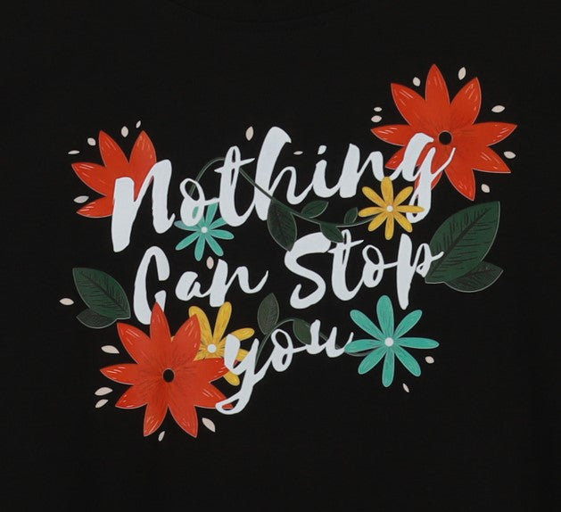 Black Half Sleeve Floral Quote Printed Women's Regular Crop Top