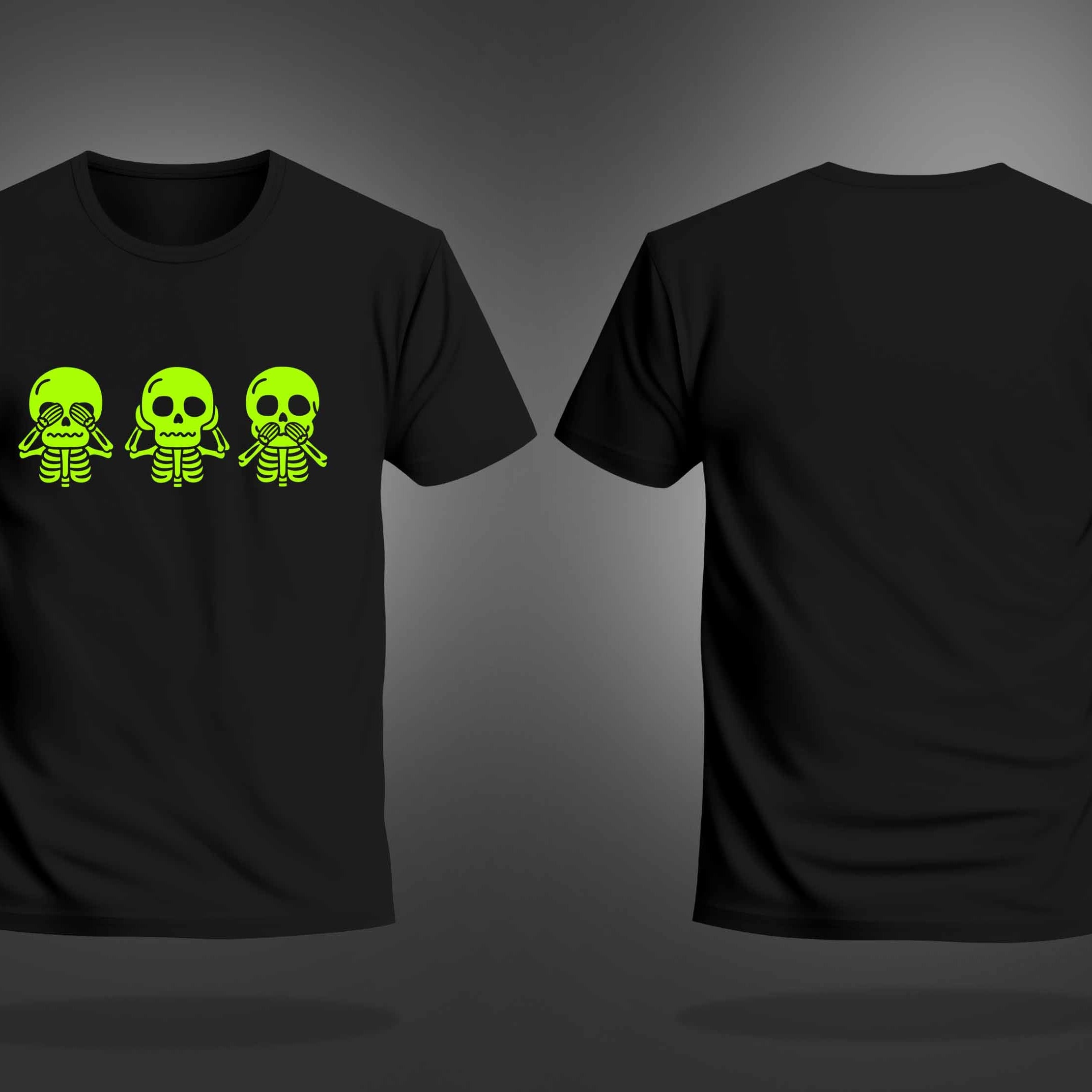 Black Round Neck Half Sleeve Three Neon Skulls Vinyl Printed Regular T-Shirt