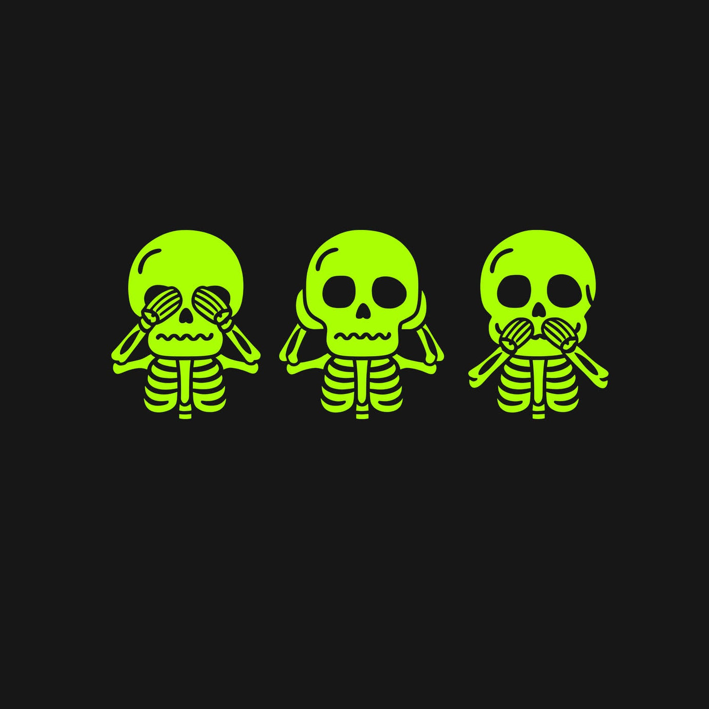 Black Round Neck Half Sleeve Three Neon Skulls Vinyl Printed Regular T-Shirt