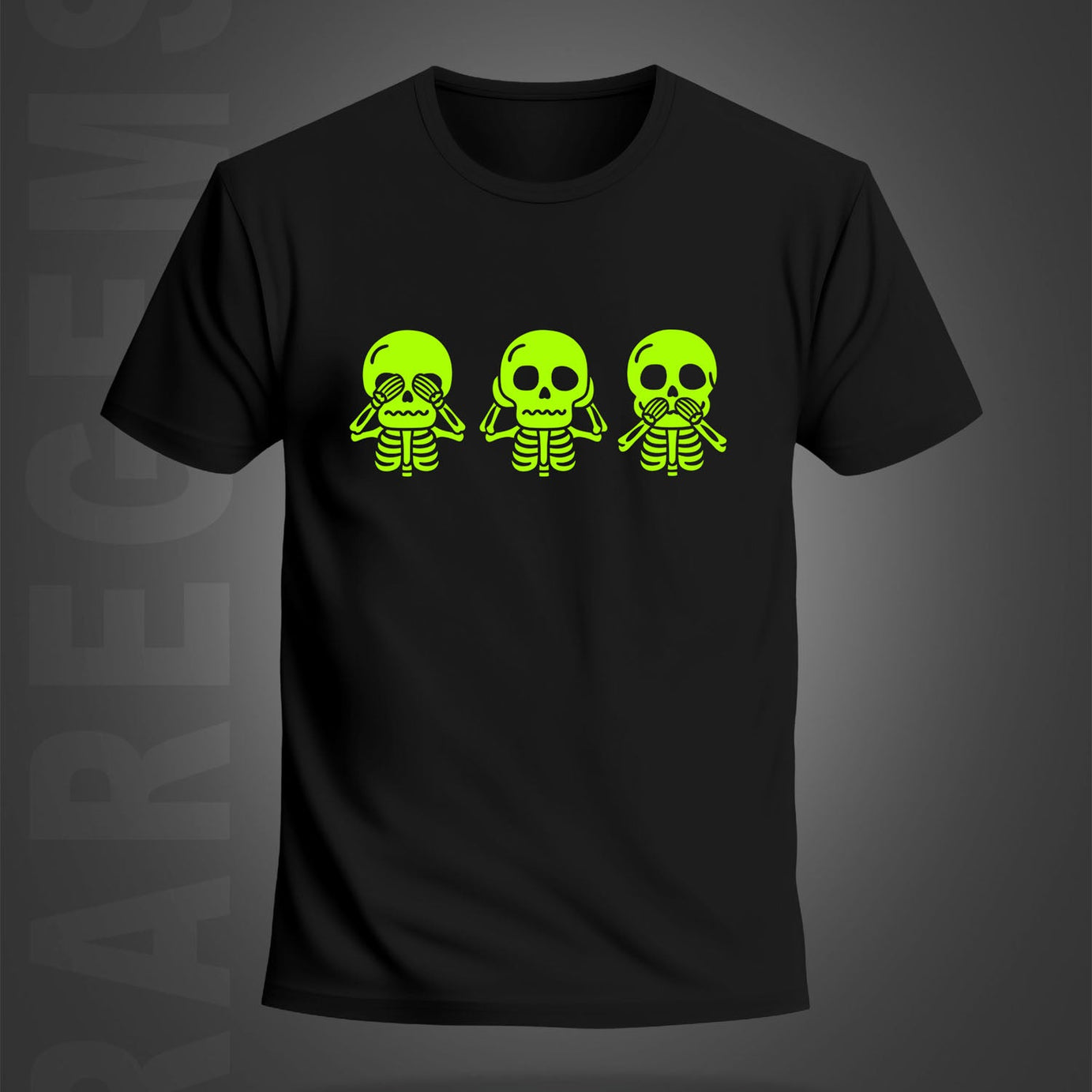Black Round Neck Half Sleeve Three Neon Skulls Vinyl Printed Regular T-Shirt
