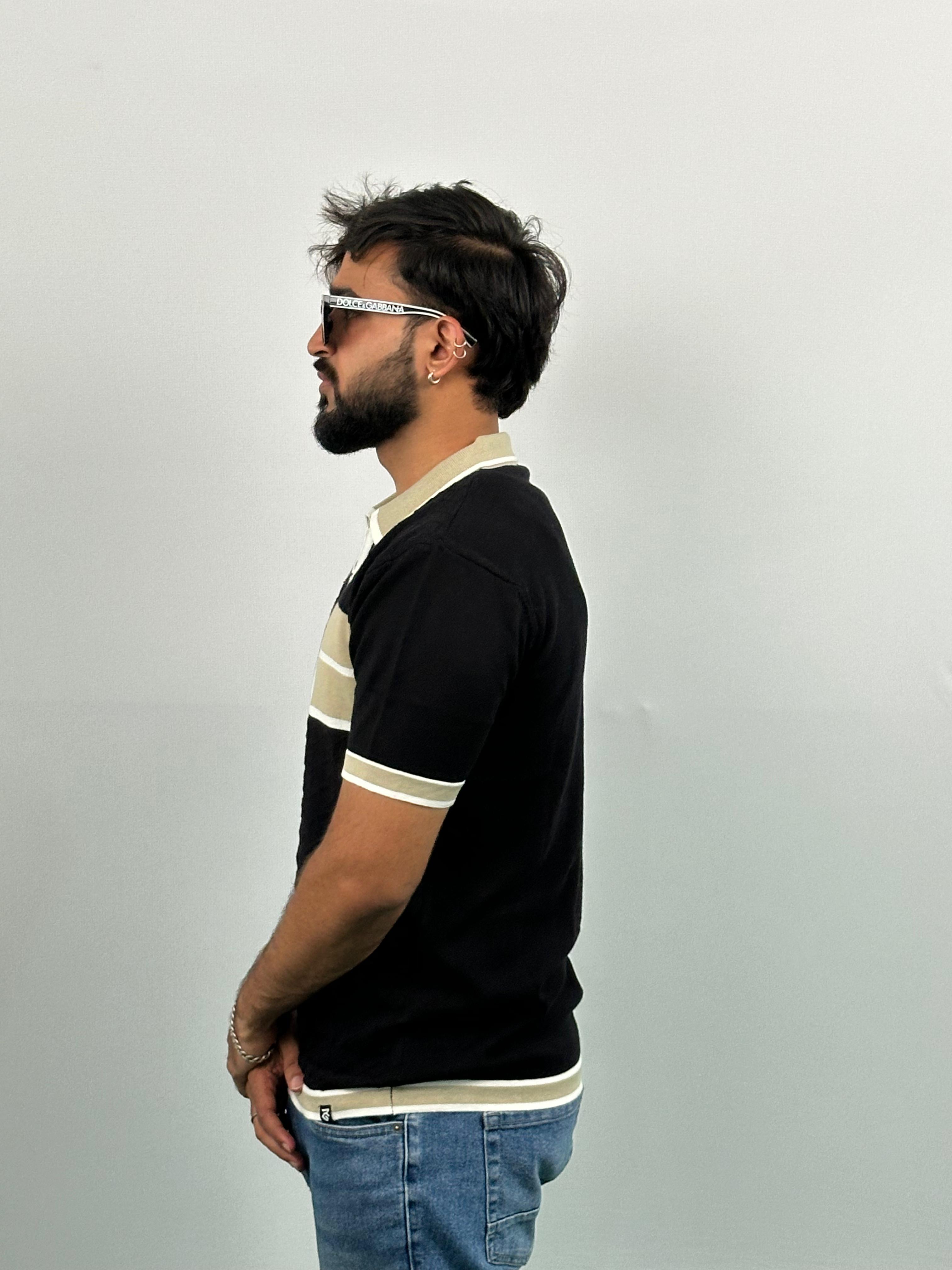 Black And Beige Knitted Polo T-Shirt