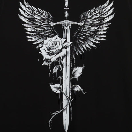 Black Round Neck Half Sleeve Sword With White Rose Back Printed Regular T-Shirt