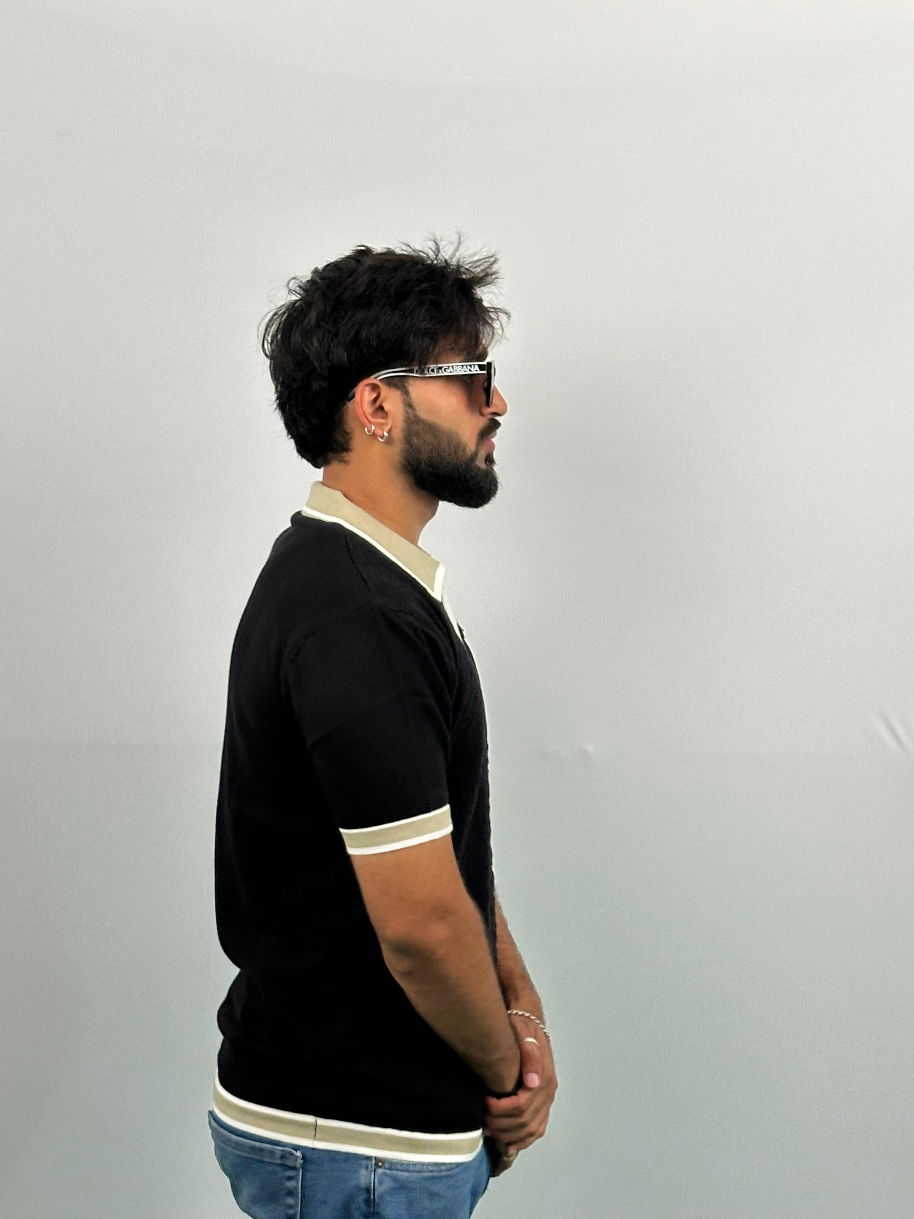 Black And Beige Knitted Polo T-Shirt
