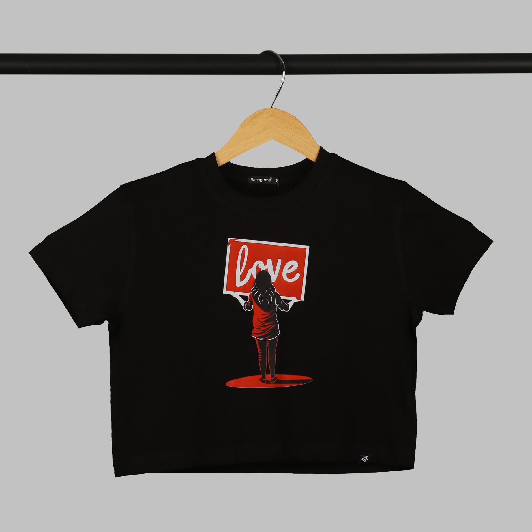 Black Half Sleeve Girl With Love Board Printed Women's Regular Crop Top